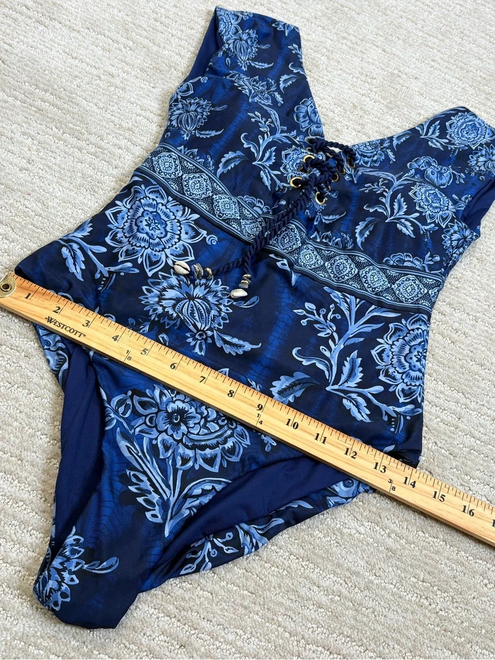 Cosita Linda Floral Paisley One Piece Swimsuit Womens Size Large 36 Blue Lace Up